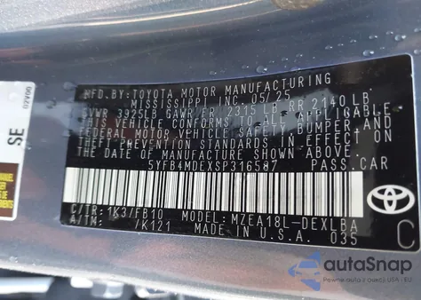 2025 Toyota Corolla Le from USA, damaged, VIN 5YFB4MDEXSP316587